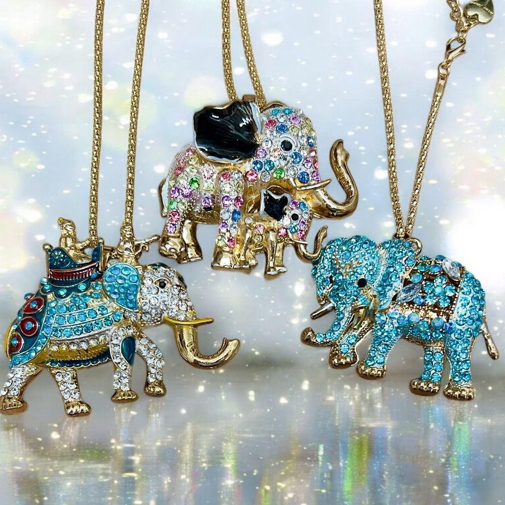 3 Betsey Johnson Fashion Necklaces, Rhinestone Elephants
